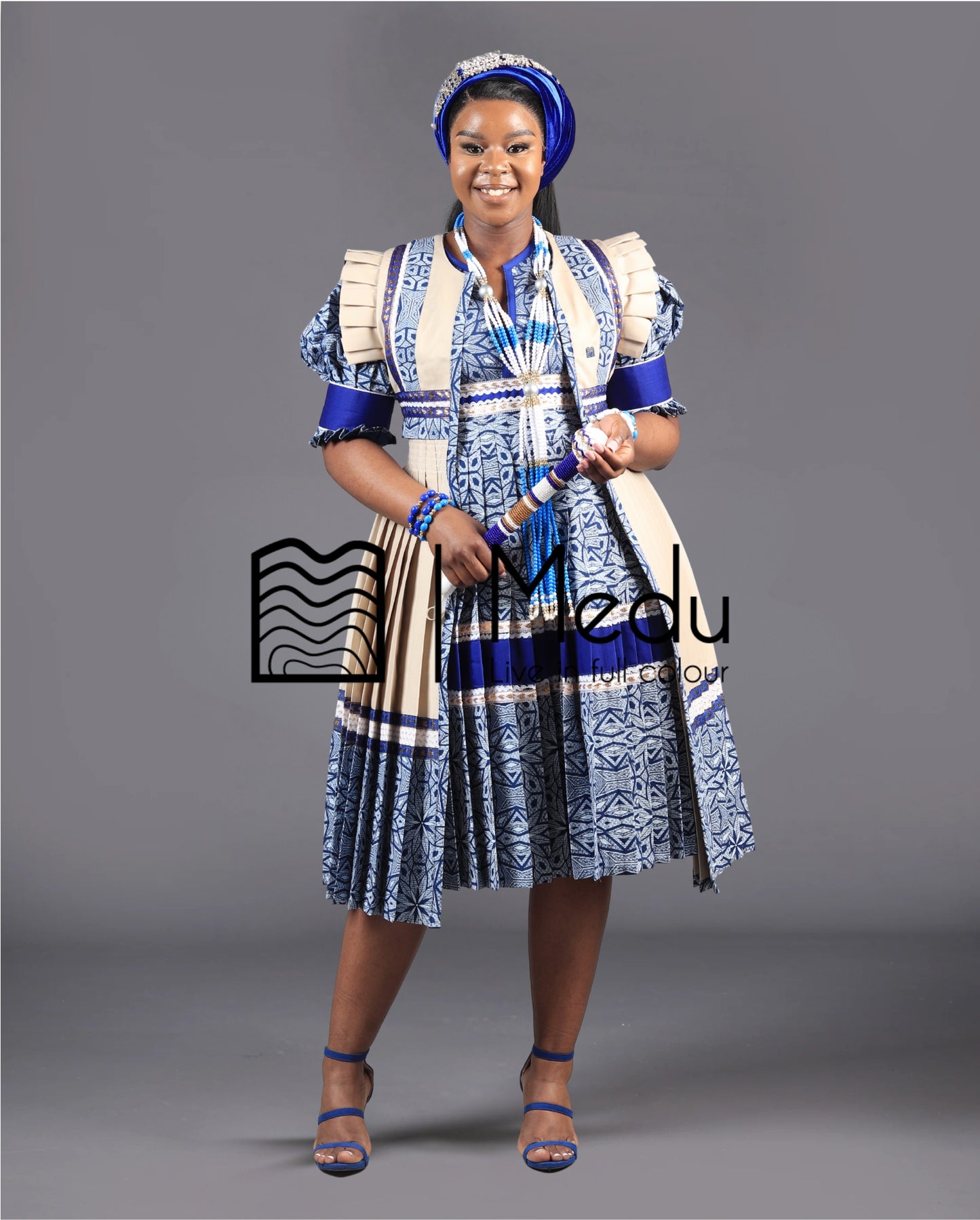 Mogoshadi Pleated Bridal Set in Blue Print