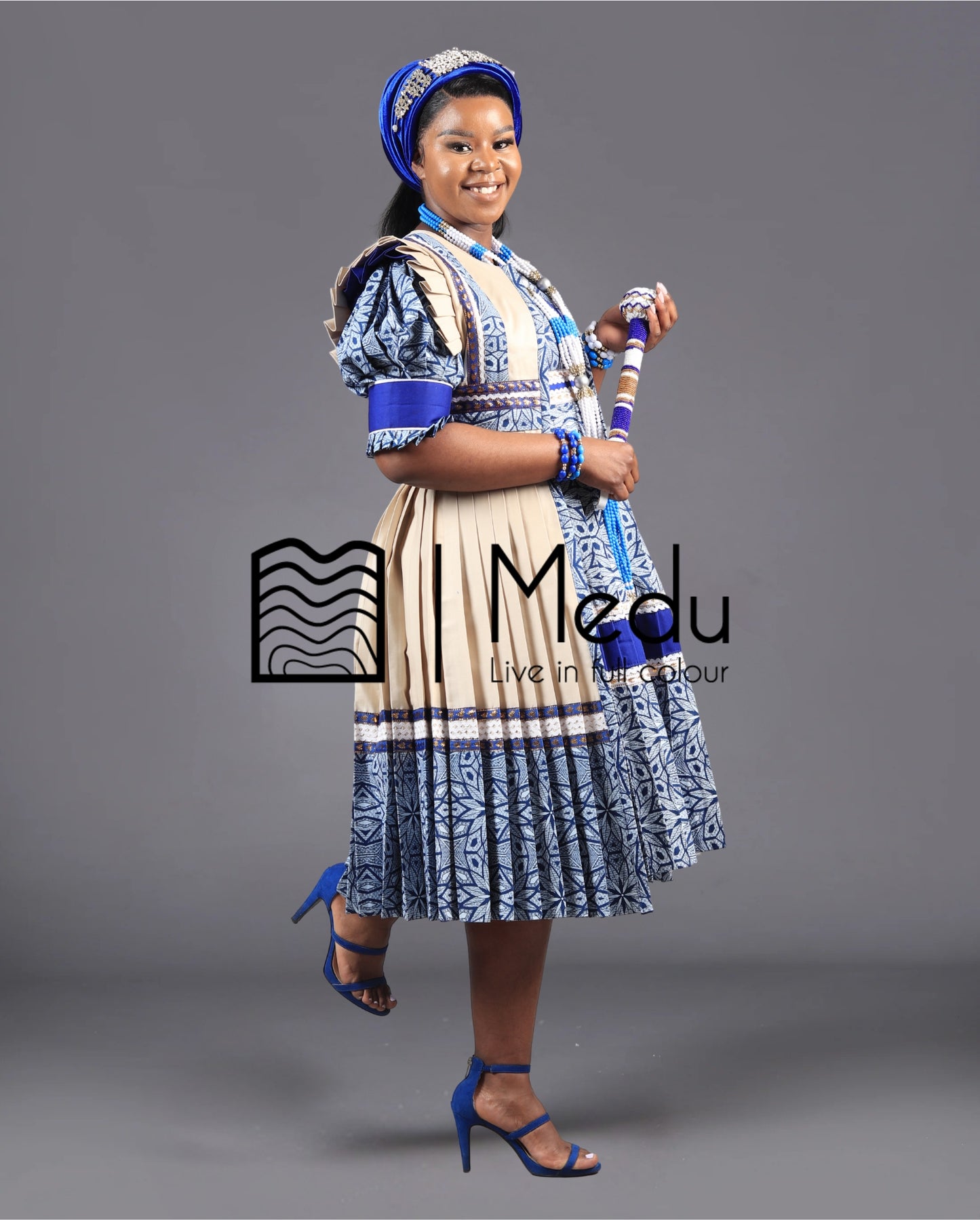 Mogoshadi Pleated Bridal Set in Blue Print