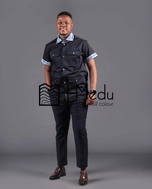 Kwena Bespoke Safari Shirt in Blue Print