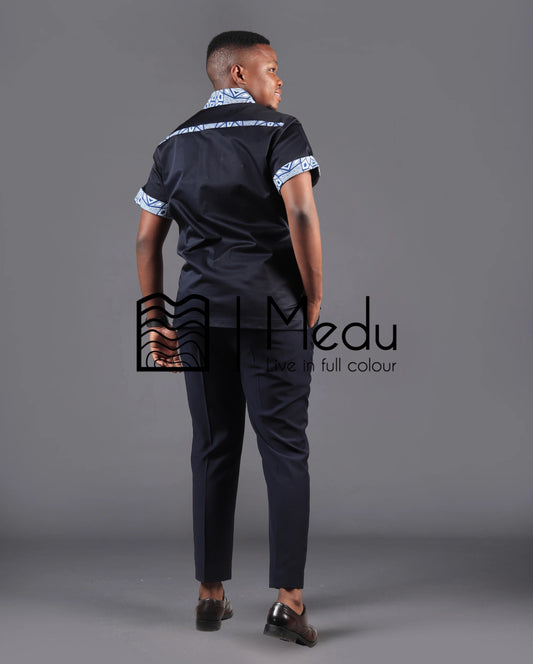 Kwena Bespoke Safari Shirt in Blue Print