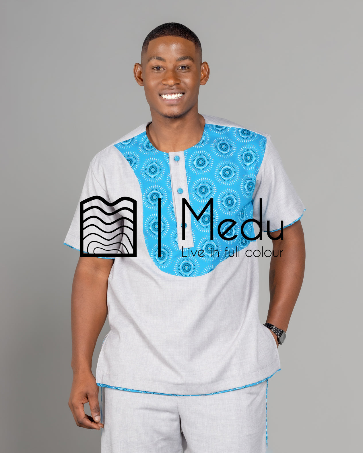 Mogale Bespoke Shirt Grey with Turquoise