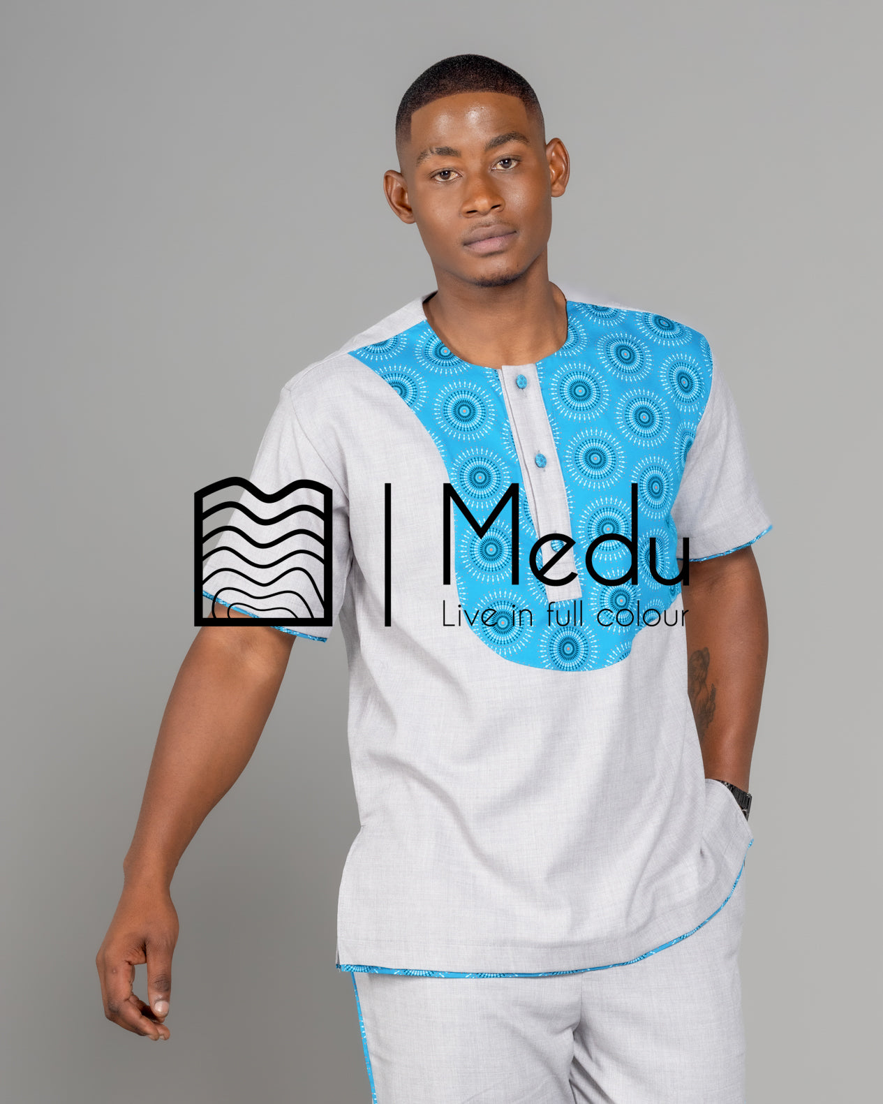 Mogale Bespoke Shirt Grey with Turquoise