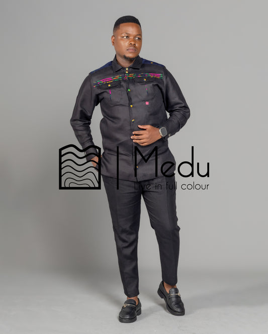 Vukosi Bespoke Front Stripes Shirt Black with Navy