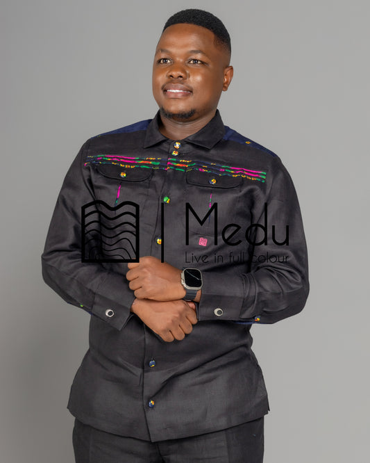 Vukosi Bespoke Front Stripes Shirt Black with Navy
