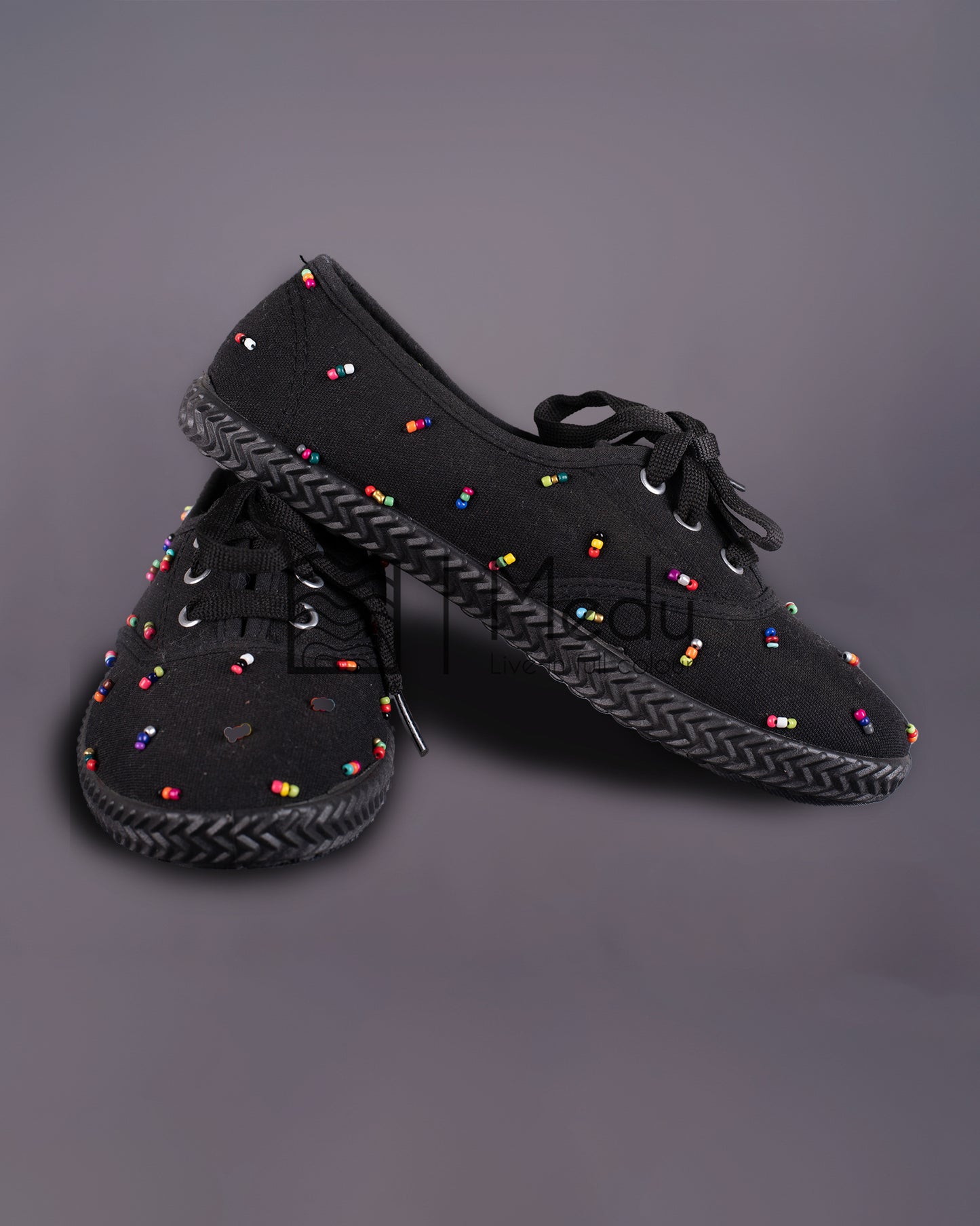 Beaded Tie-Up Shoes In Black
