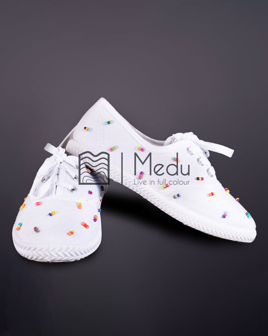 Beaded Tie-Up Shoes In White