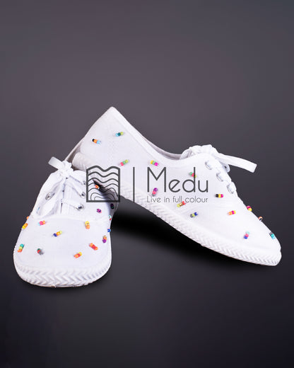 Kiddies Beaded Tie-Up Shoes In White