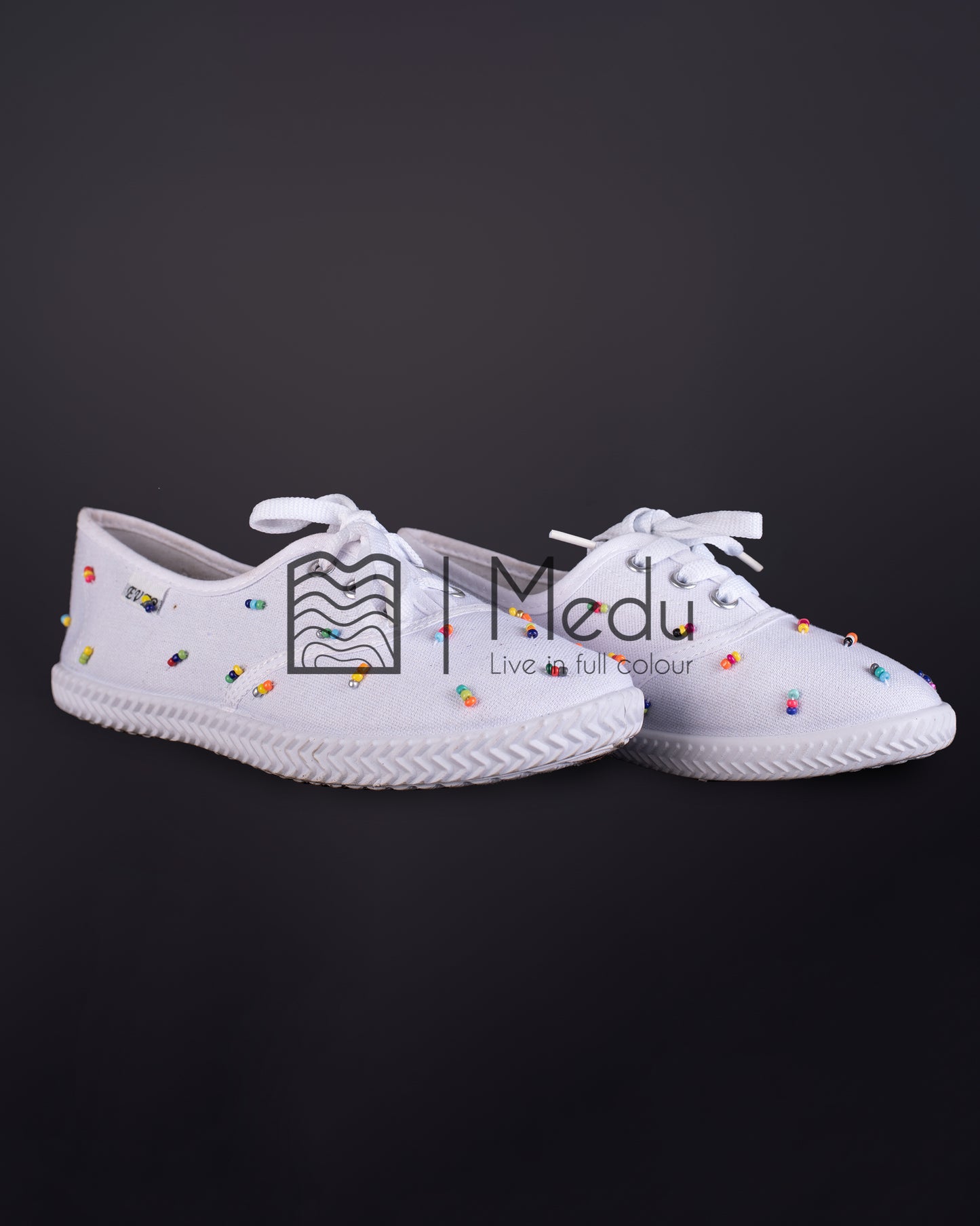 Beaded Tie-Up Shoes In White