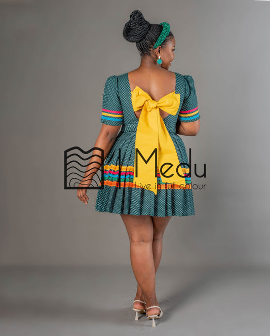 Mmashela Giant Bow Mini Dress in Bottle Green