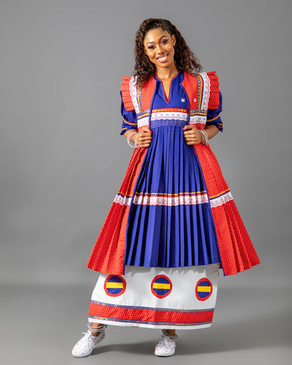 Mogoshadi Pleated Bridal Dress Set in Blue & Red