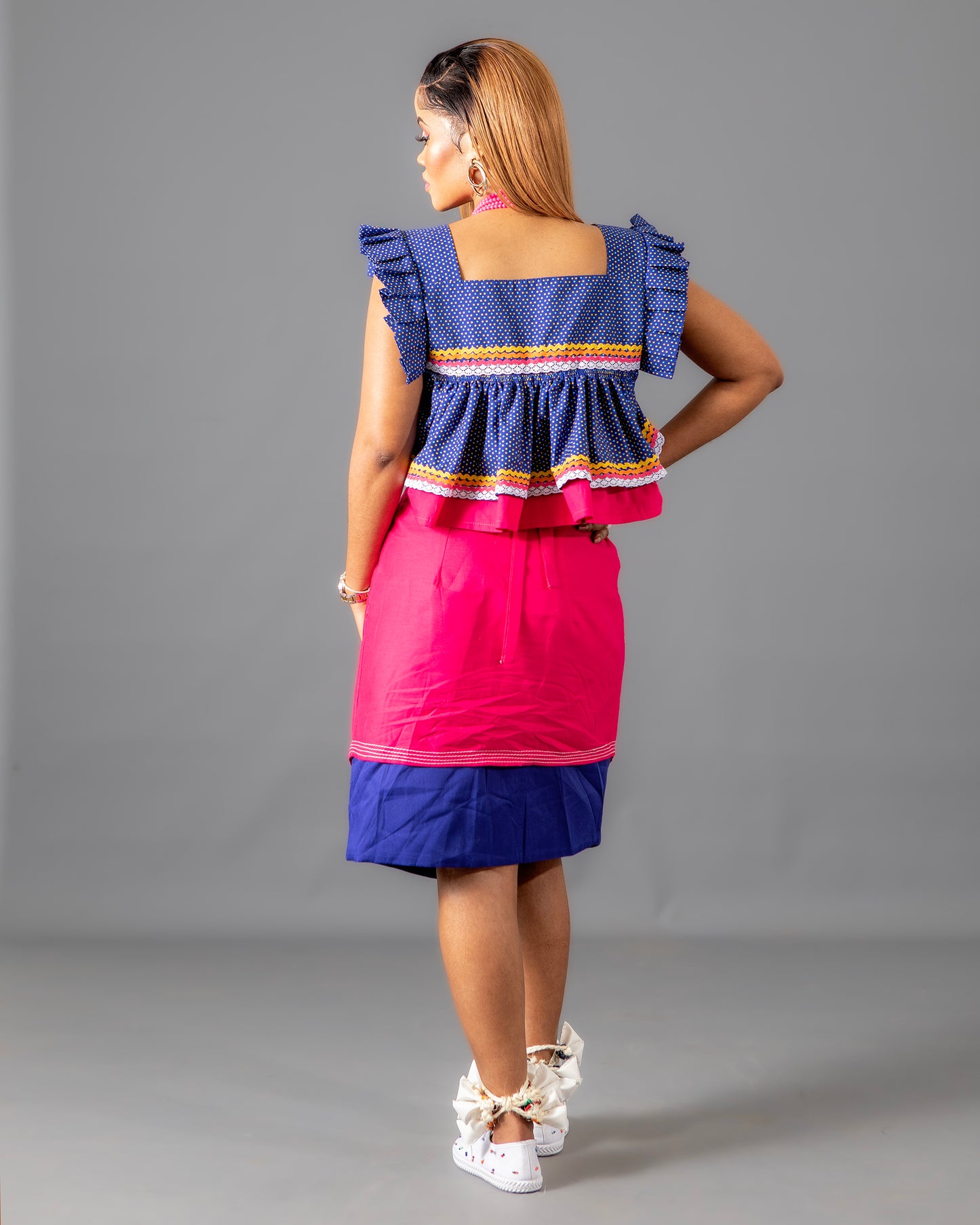 Semabejana and Wrap Skirt Set in Blue Print and Pink