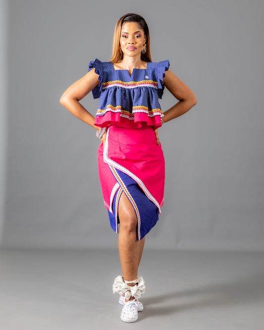Semabejana and Wrap Skirt Set in Blue Print and Pink