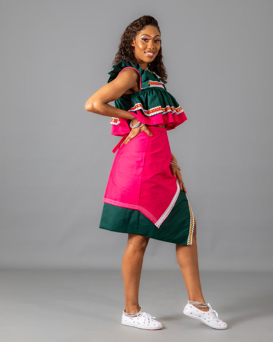 Semabejana and Wrap Skirt Set in Bottle Green and Pink