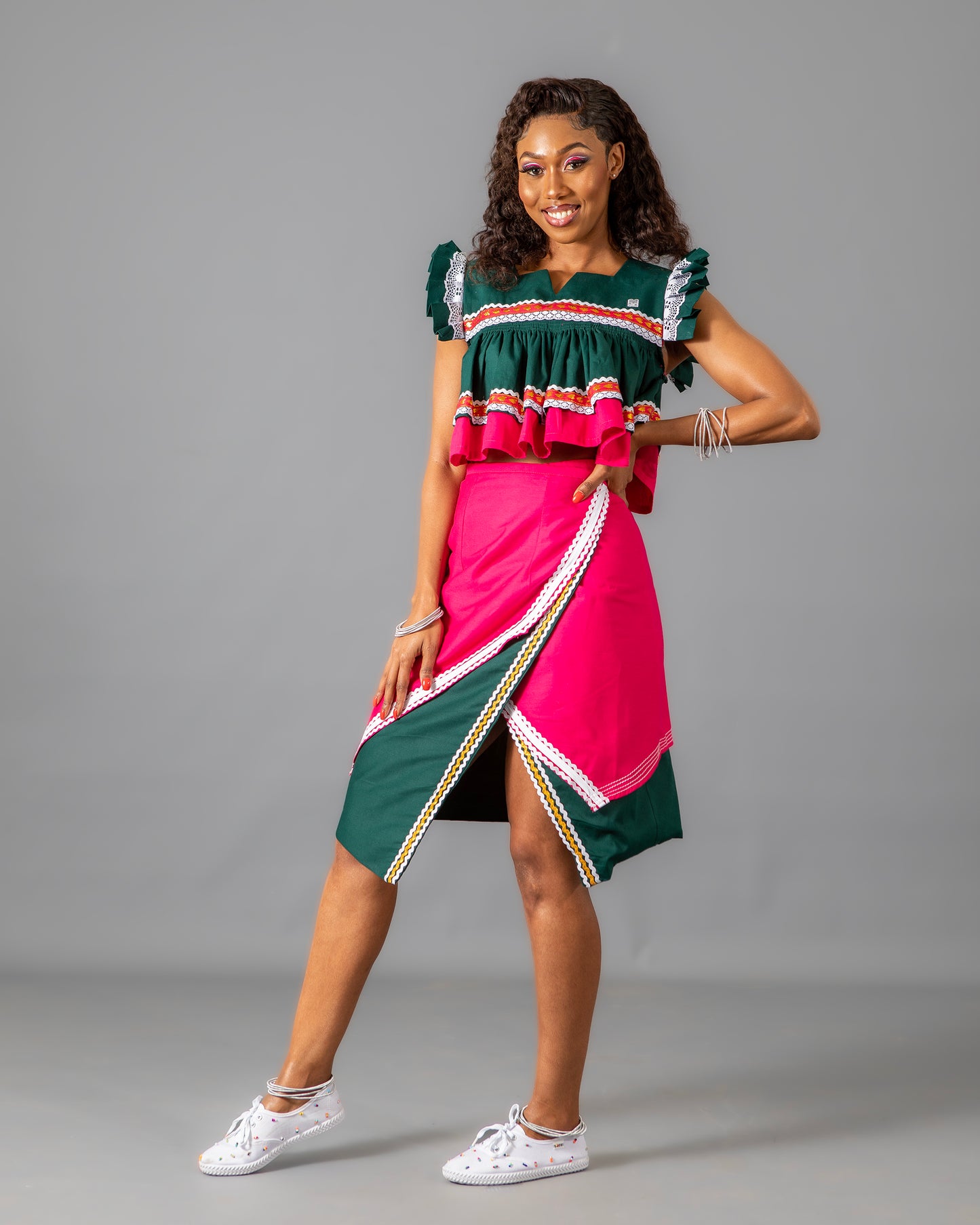 Semabejana and Wrap Skirt Set in Bottle Green and Pink