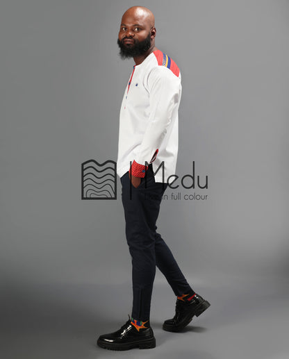 Nape Long Sleeve Shirt in White Trimmed with Red
