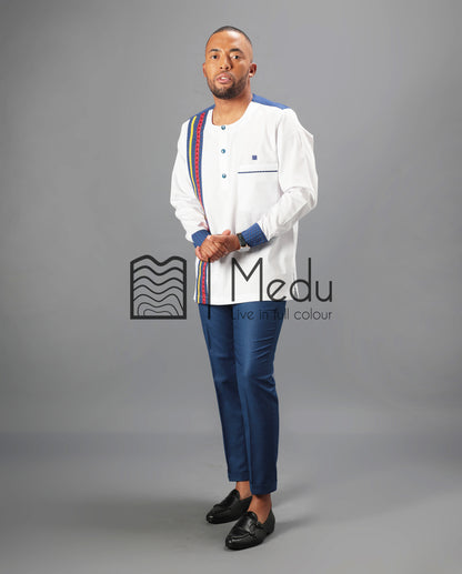 Nape Long Sleeve Shirt in White Trimmed with Blue