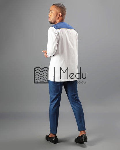 Nape Long Sleeve Shirt in White Trimmed with Blue