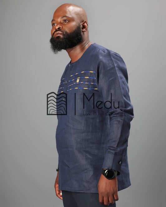 Mogale Bespoke Shirt in Navy Trimmed with Blue