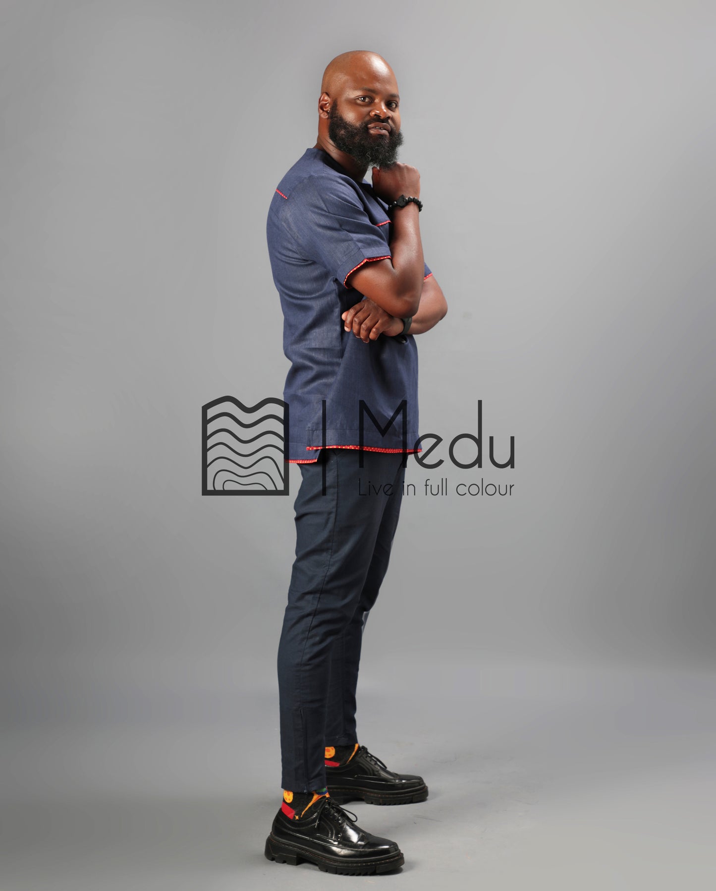 Mogale Bespoke Shirt in Navy Trimmed with Red