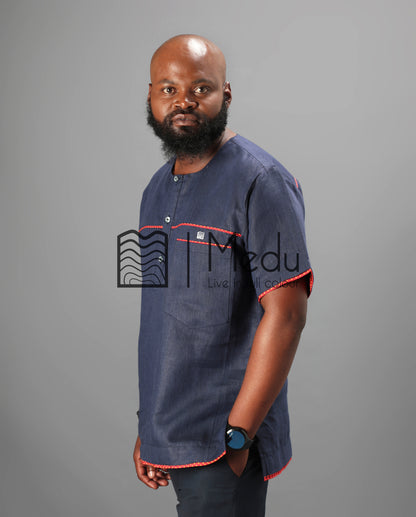 Mogale Bespoke Shirt in Navy Trimmed with Red