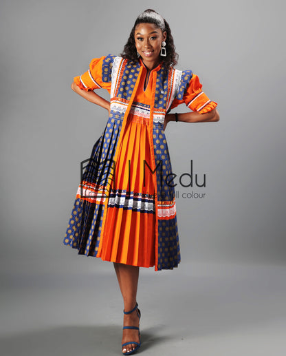 Mogoshadi Pleated Bridal Dress Set in Orange & Blue