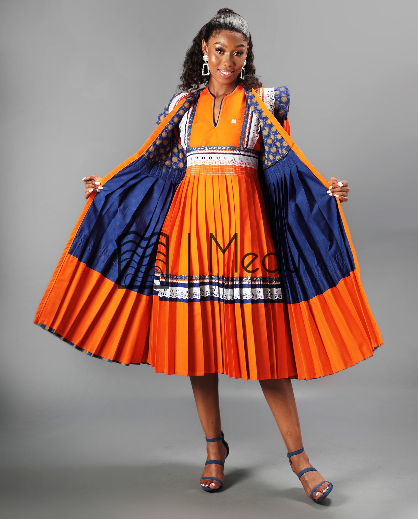 Mogoshadi Pleated Bridal Dress Set in Orange & Blue