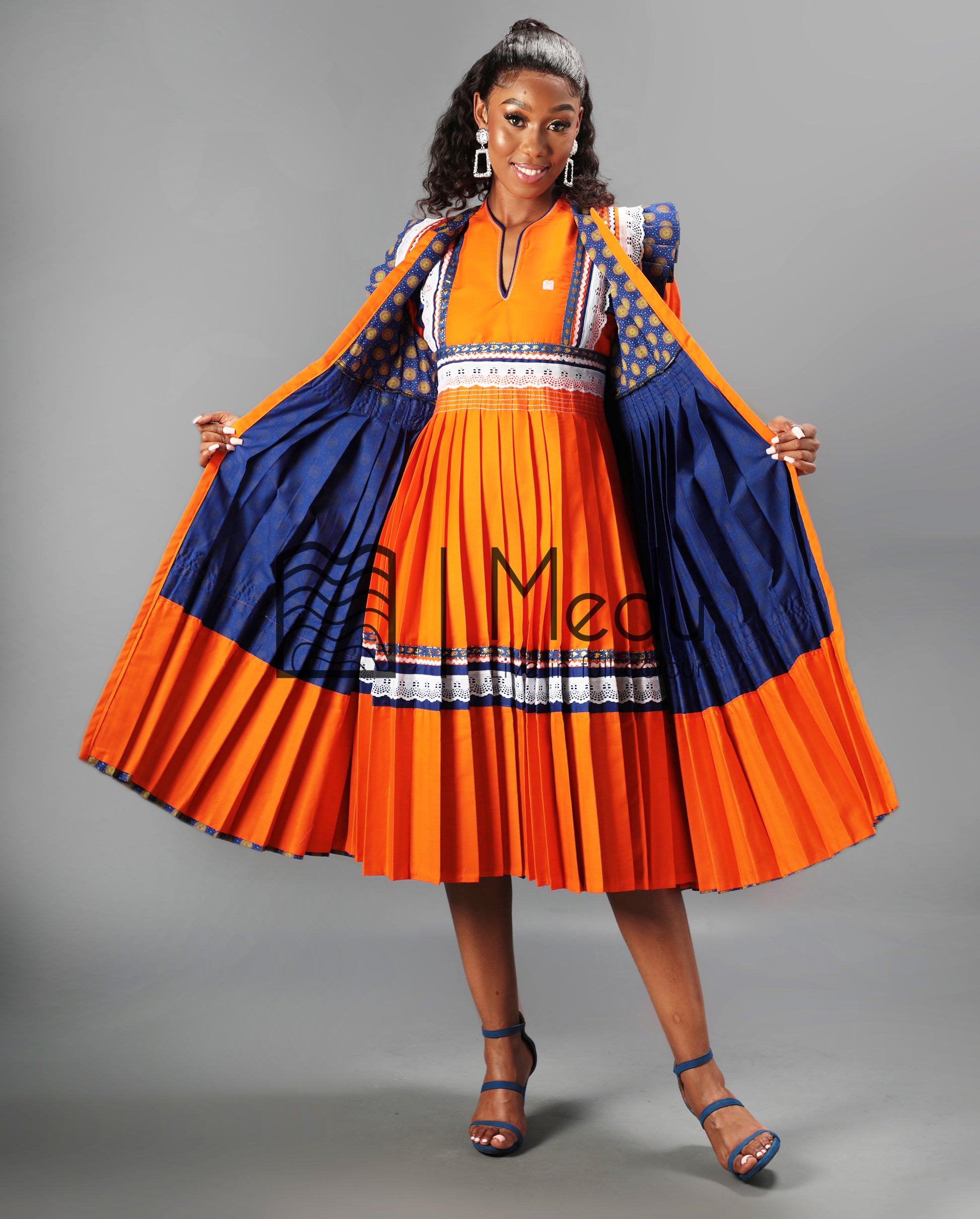 Mogoshadi Pleated Bridal Dress Set in Orange & Blue MEDU by Sepedi Bapedi Mogoshadi Pleated Bridal Dress Set in Orange & Blue MEDU by Sepedi Bapedi