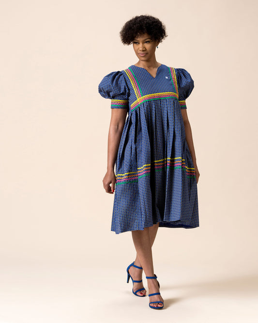 Kwena Pleated Yele Dress In Blue