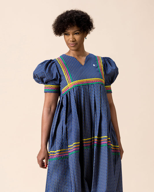 Kwena Pleated Yele Dress In Blue