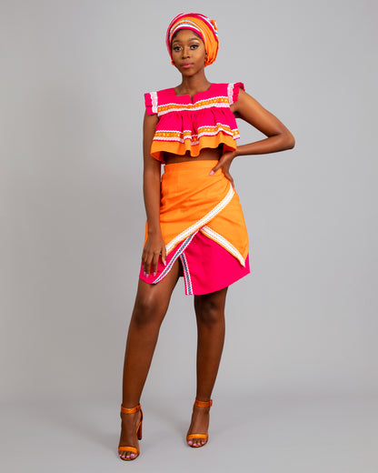 Semabejana and Wrap Skirt Set in Pink and Orange