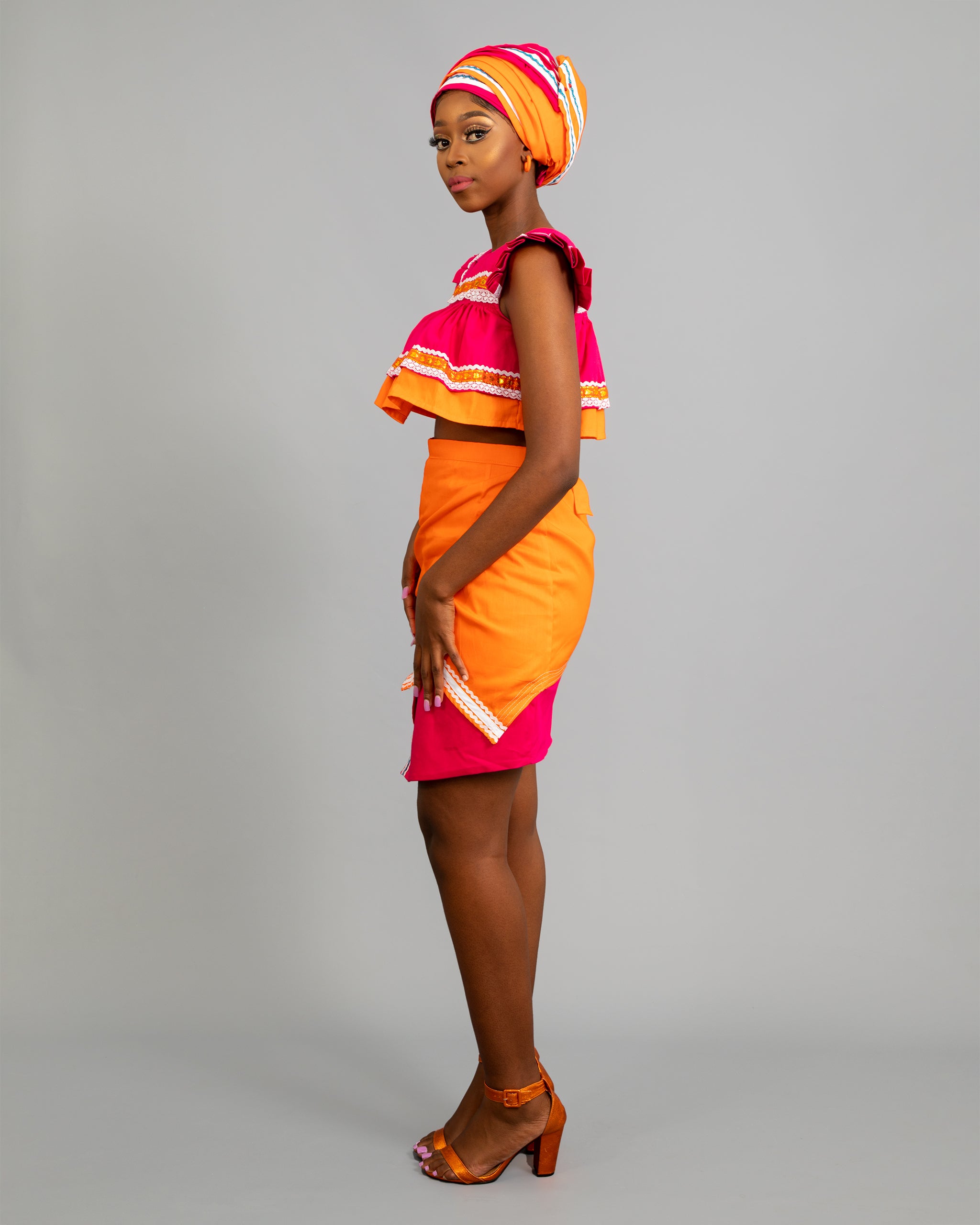 Semabejana and Wrap Skirt Set in Pink and Orange MEDU By Sepedi