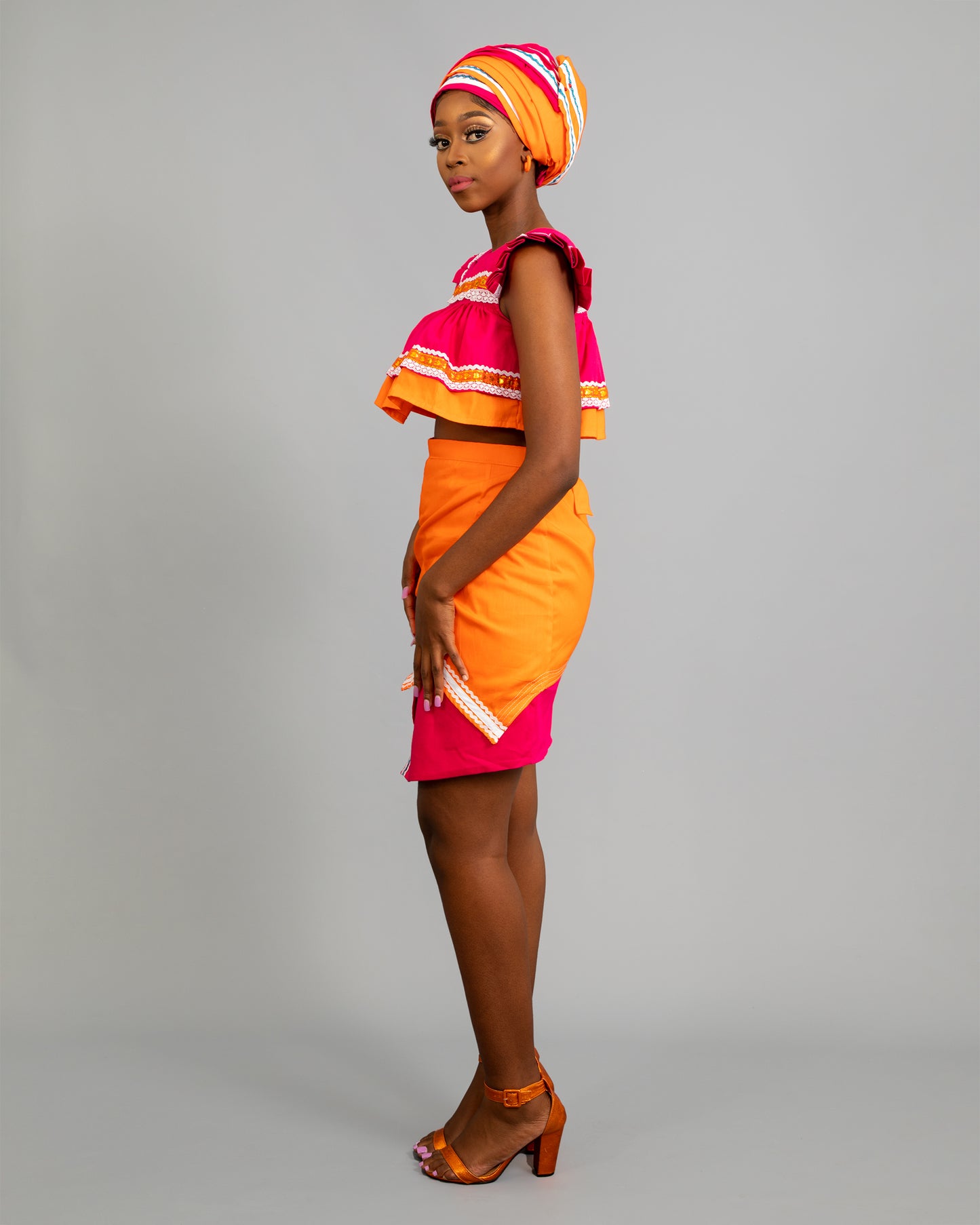 Semabejana and Wrap Skirt Set in Pink and Orange