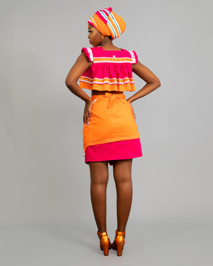 Semabejana and Wrap Skirt Set in Pink and Orange