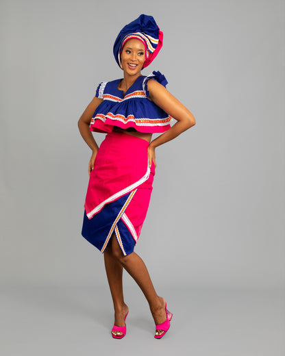 Semabejana and Wrap Skirt Set in Royal Blue and Pink