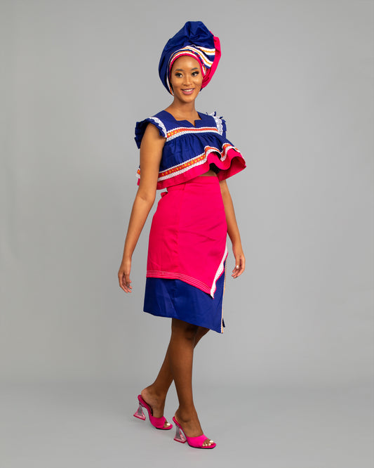 Semabejana and Wrap Skirt Set in Royal Blue and Pink
