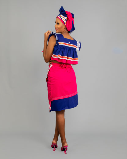 Semabejana and Wrap Skirt Set in Royal Blue and Pink