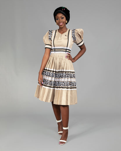 Manaka Bespoke Pleated Dress in Beige